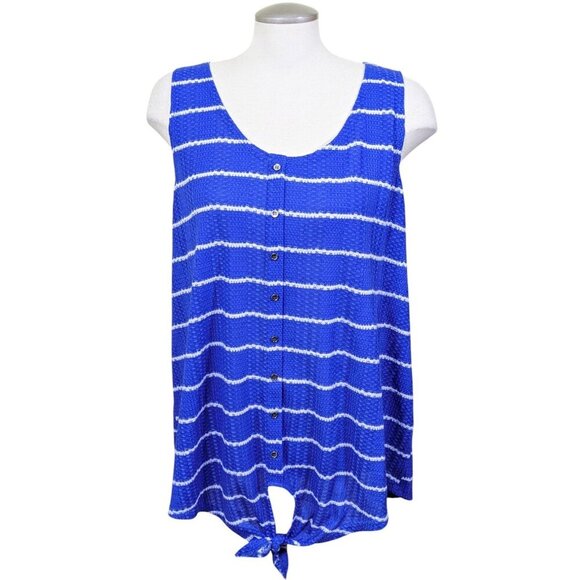 Textured Plus Size Top Womens 3X Blue Striped Sleeveless Tie Waist Vacation - Picture 1 of 8